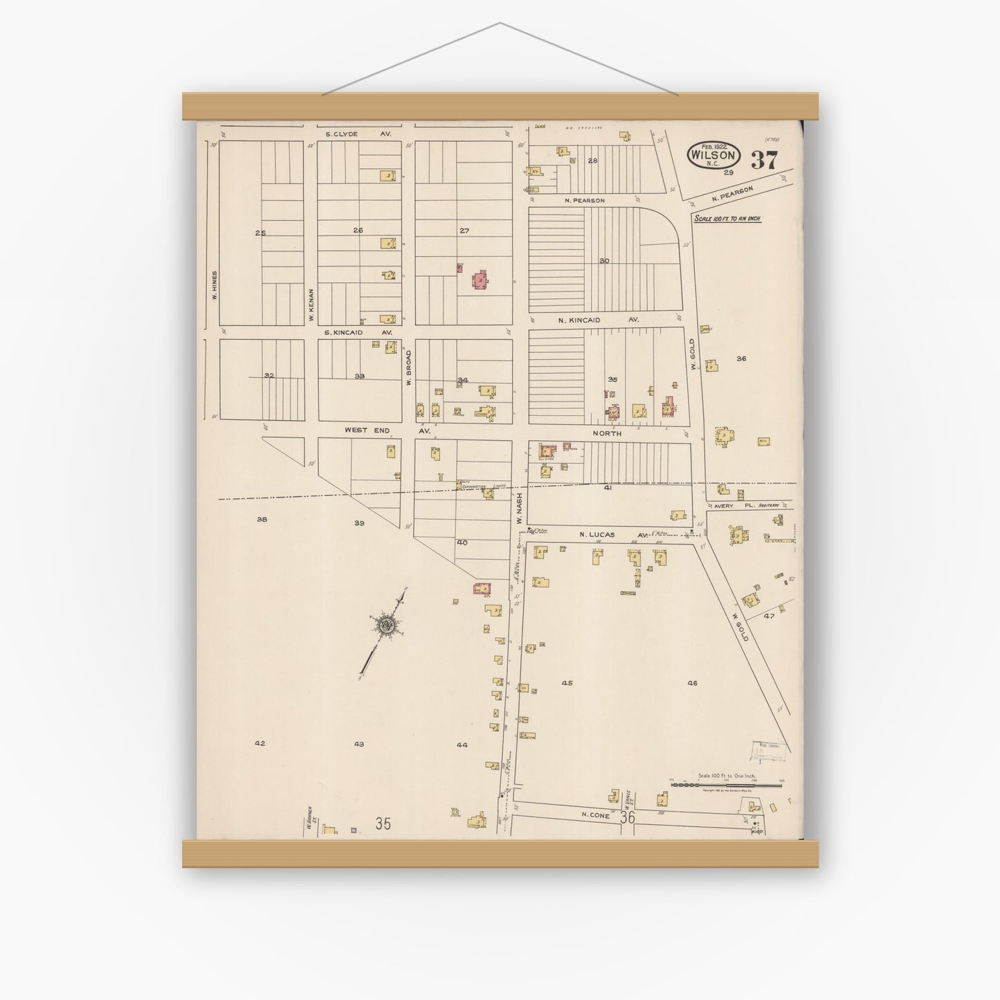 Old map wall art mockup — magnetic wood frame on white wall — Sanborn Fire Insurance Map from Wilson, Wilson County, North Carolina (1922), Sheet #0037