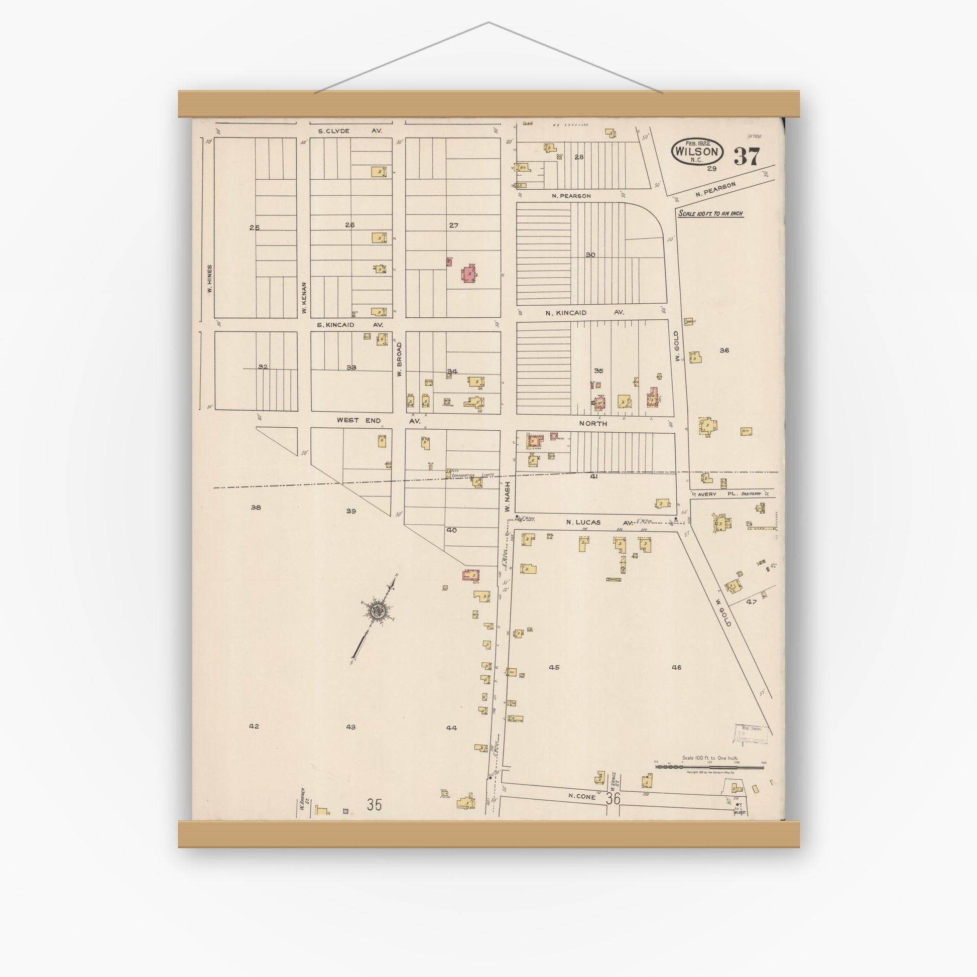 Old map wall art mockup — magnetic wood frame on white wall — Sanborn Fire Insurance Map from Wilson, Wilson County, North Carolina (1922), Sheet #0037