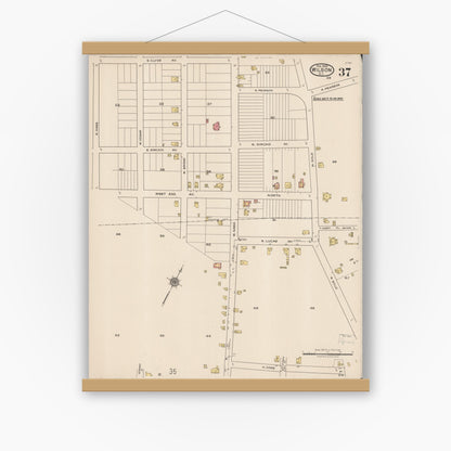 Old map wall art mockup — magnetic wood frame on white wall — Sanborn Fire Insurance Map from Wilson, Wilson County, North Carolina (1922), Sheet #0037