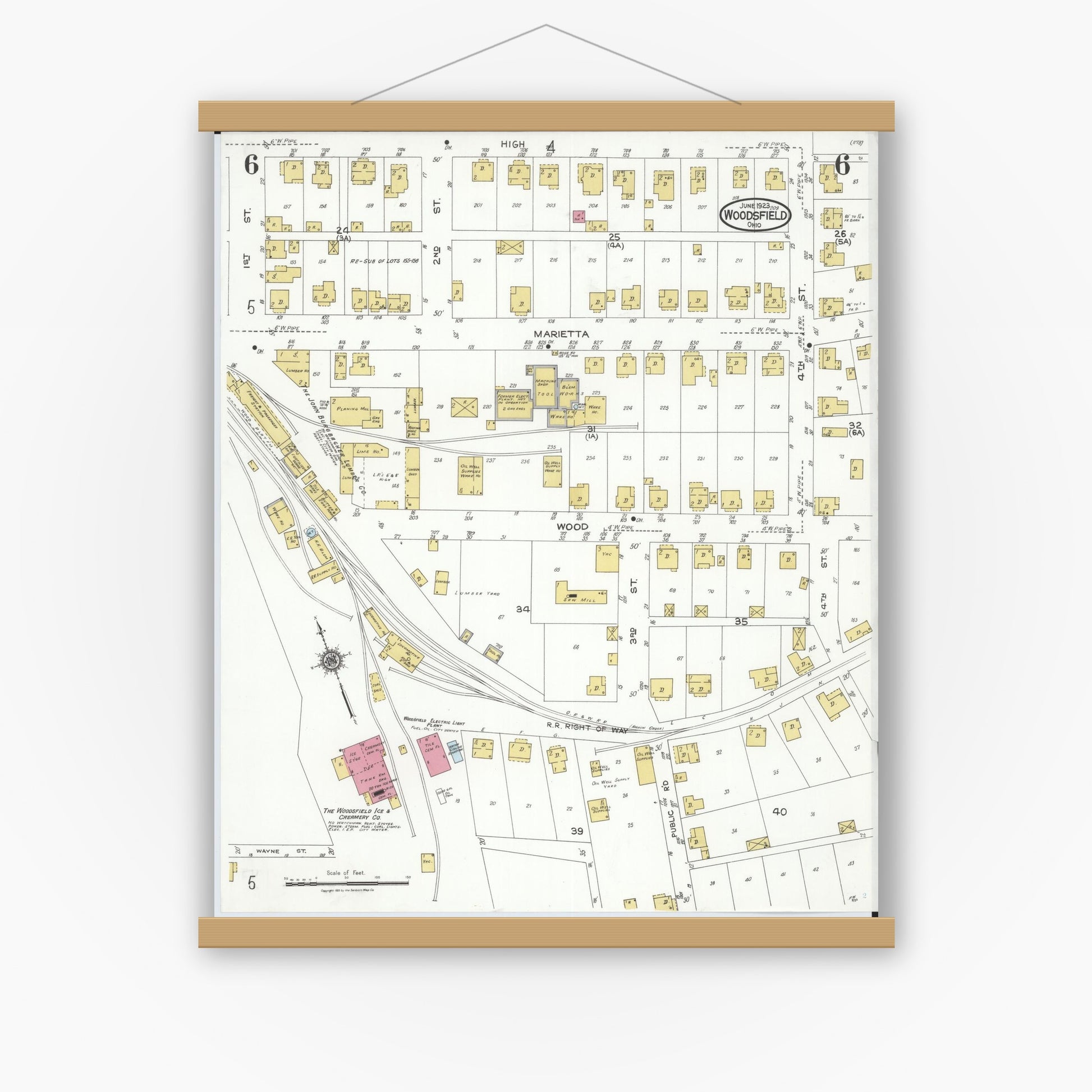 Old map wall art mockup — magnetic wood frame on white wall — Sanborn Fire Insurance Map from Woodsfield, Monroe County, Ohio (1923), Sheet #0006
