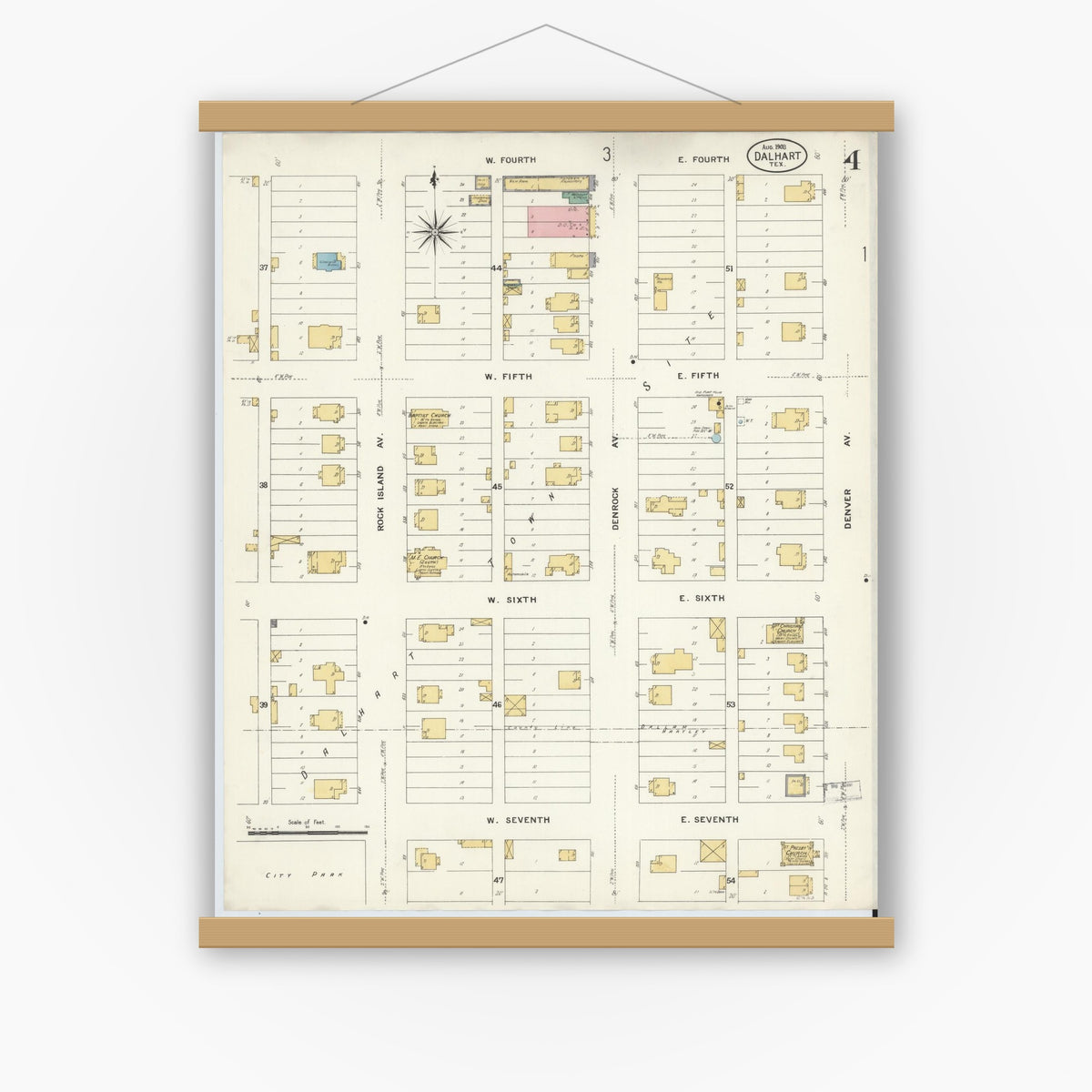 Old map wall art mockup — magnetic wood frame on white wall — Sanborn Fire Insurance Map from Dalhart, Dallam And Hartley County, Texas (1908), Sheet #0004