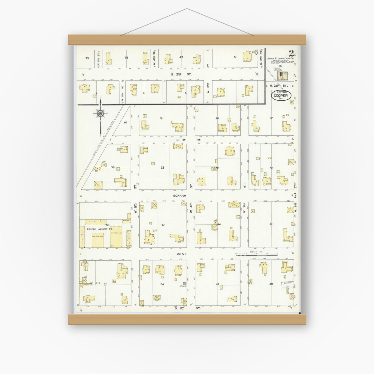 Old map wall art mockup — magnetic wood frame on white wall — Sanborn Fire Insurance Map from Cooper, Delta County, Texas (1909), Sheet #0002