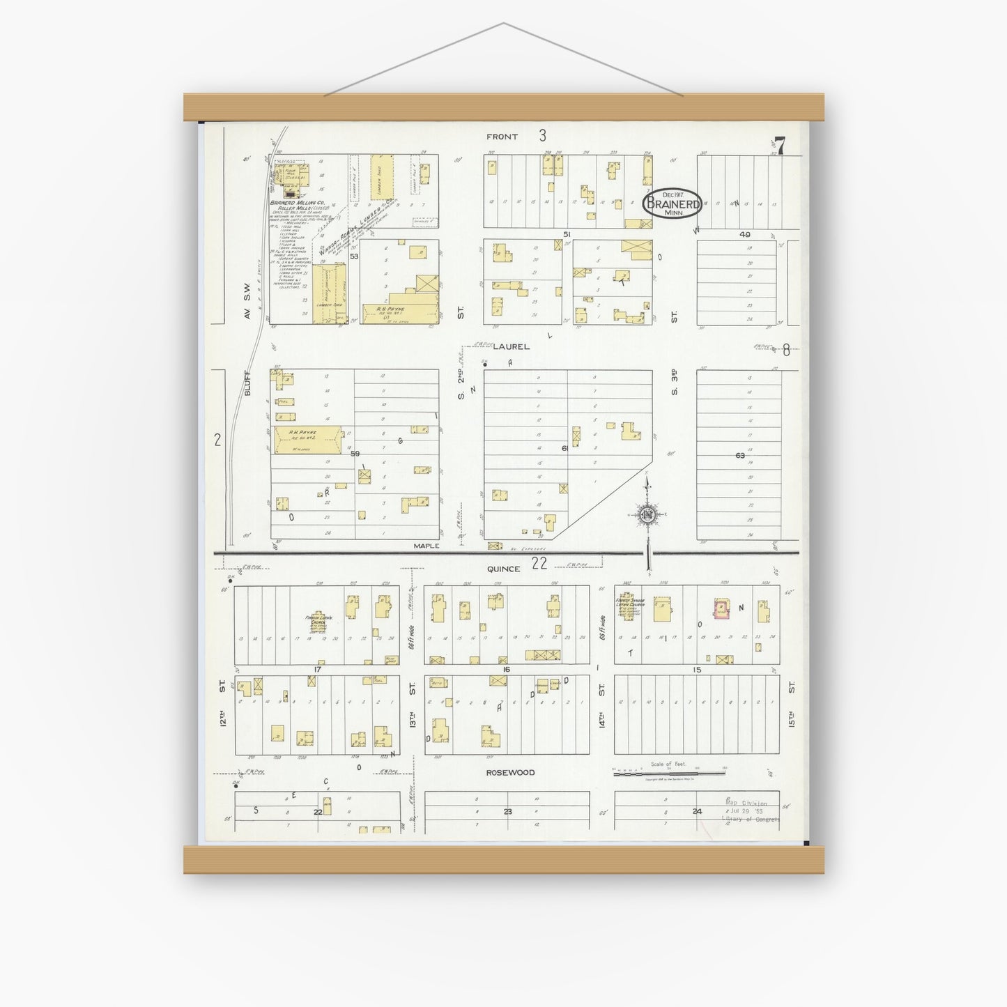 Old map wall art mockup — magnetic wood frame on white wall — Sanborn Fire Insurance Map from Brainerd, Crow Wing County, Minnesota (1917), Sheet #0007