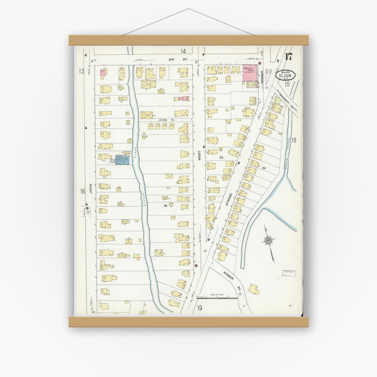 Old map wall art mockup — magnetic wood frame on white wall — Sanborn Fire Insurance Map from Ilion, Herkimer County, New York (1912), Sheet #0017