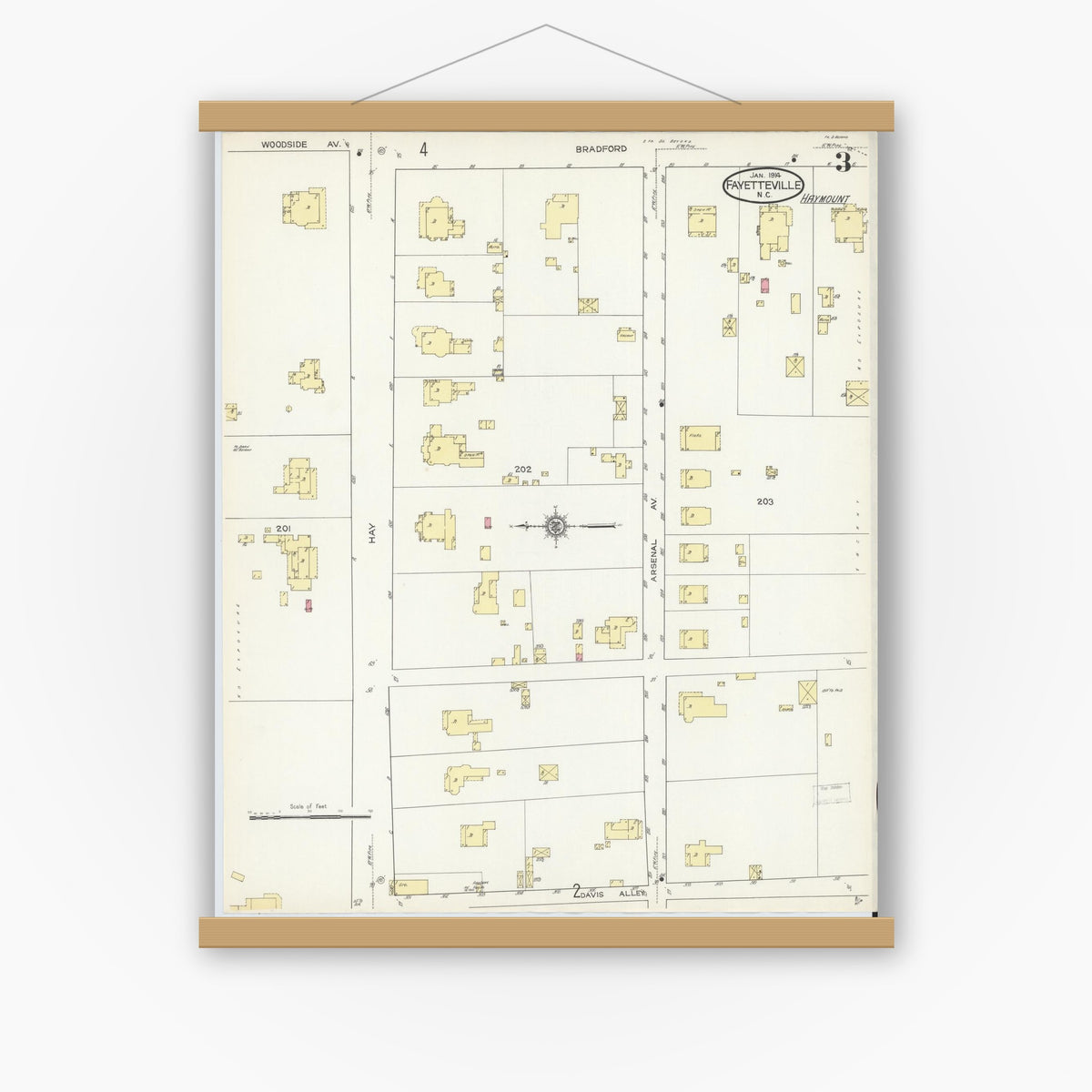 Old map wall art mockup — magnetic wood frame on white wall — Sanborn Fire Insurance Map from Fayetteville, Cumberland County, North Carolina (1914), Sheet #0003