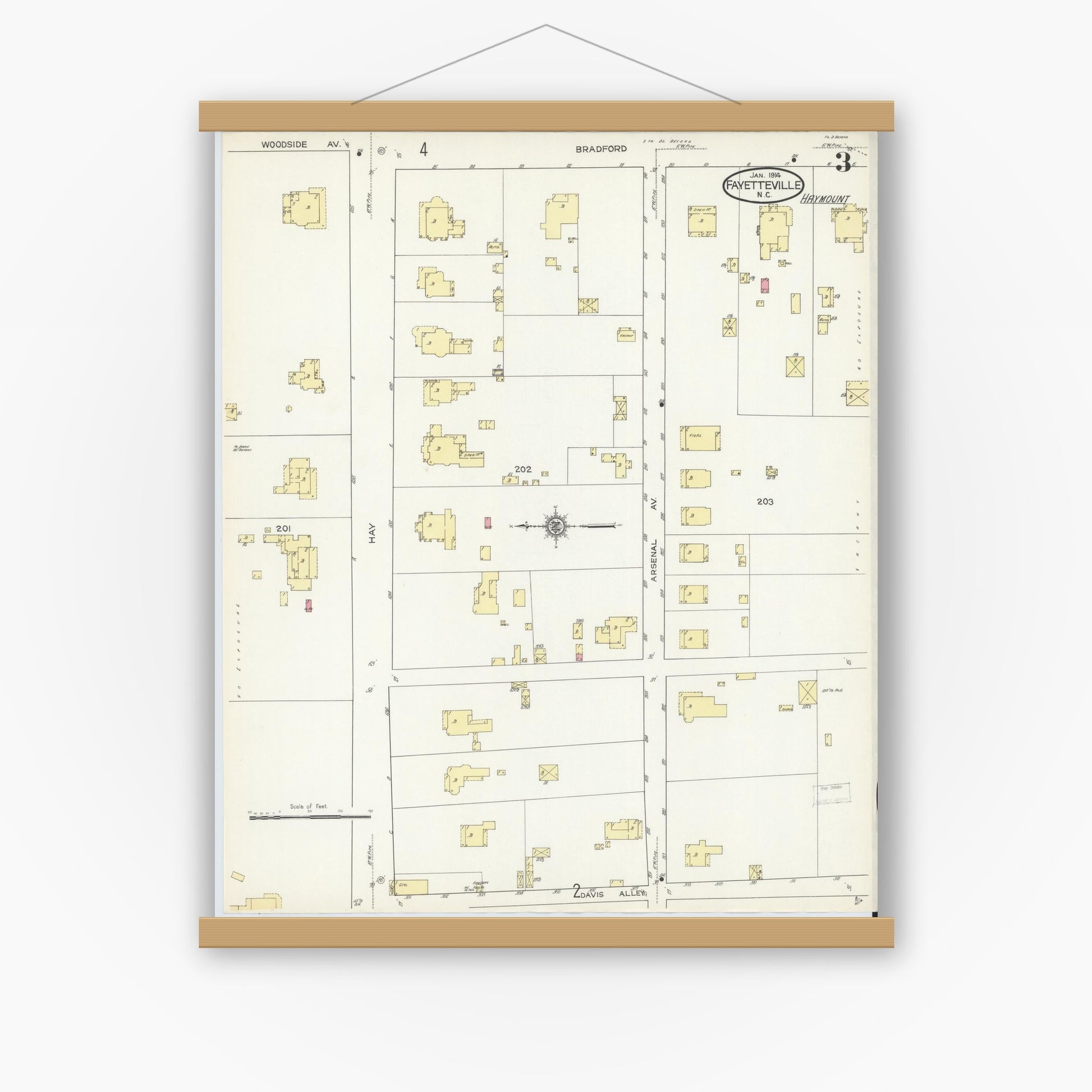 Old map wall art mockup — magnetic wood frame on white wall — Sanborn Fire Insurance Map from Fayetteville, Cumberland County, North Carolina (1914), Sheet #0003