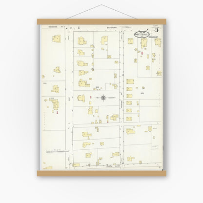 Old map wall art mockup — magnetic wood frame on white wall — Sanborn Fire Insurance Map from Fayetteville, Cumberland County, North Carolina (1914), Sheet #0003