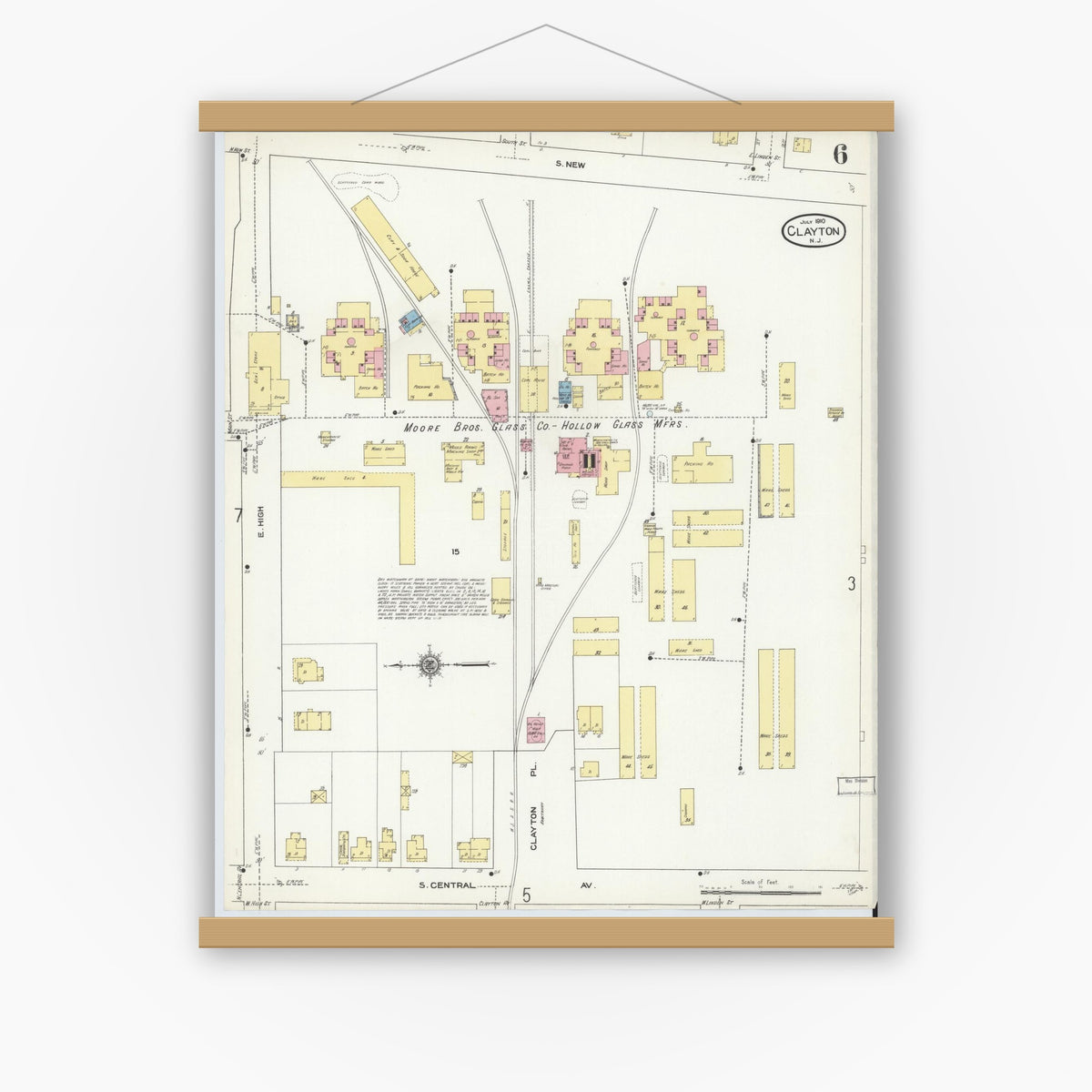 Old map wall art mockup — magnetic wood frame on white wall — Sanborn Fire Insurance Map from Clayton, Gloucester County, New Jersey (1910), Sheet #0006