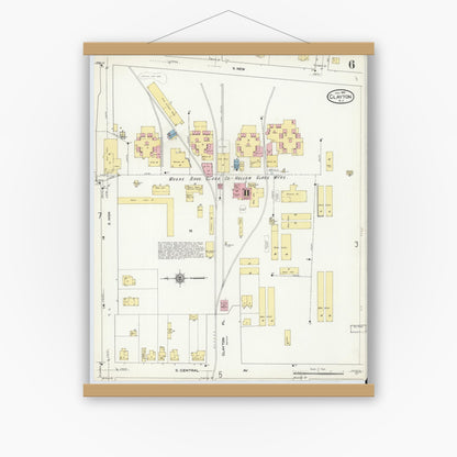 Old map wall art mockup — magnetic wood frame on white wall — Sanborn Fire Insurance Map from Clayton, Gloucester County, New Jersey (1910), Sheet #0006