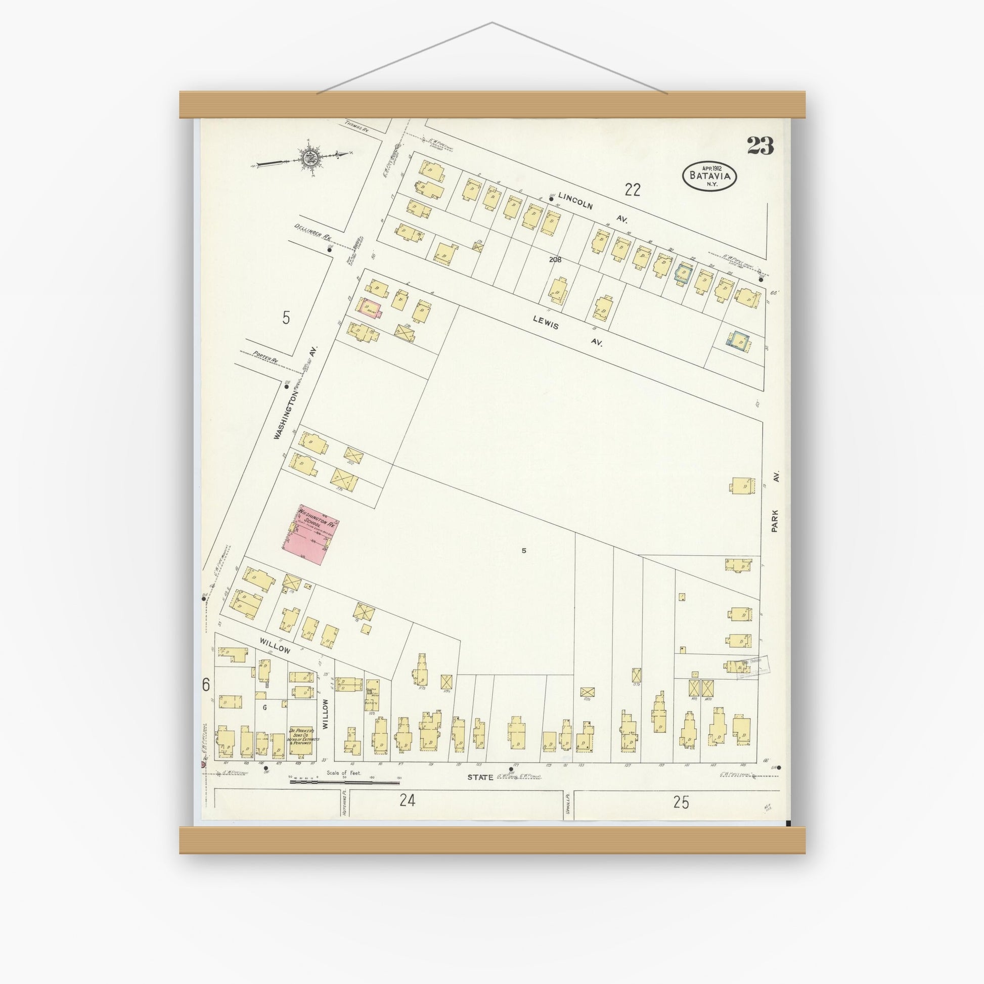 Old map wall art mockup — magnetic wood frame on white wall — Sanborn Fire Insurance Map from Batavia, Genesee County, New York (1912), Sheet #0023
