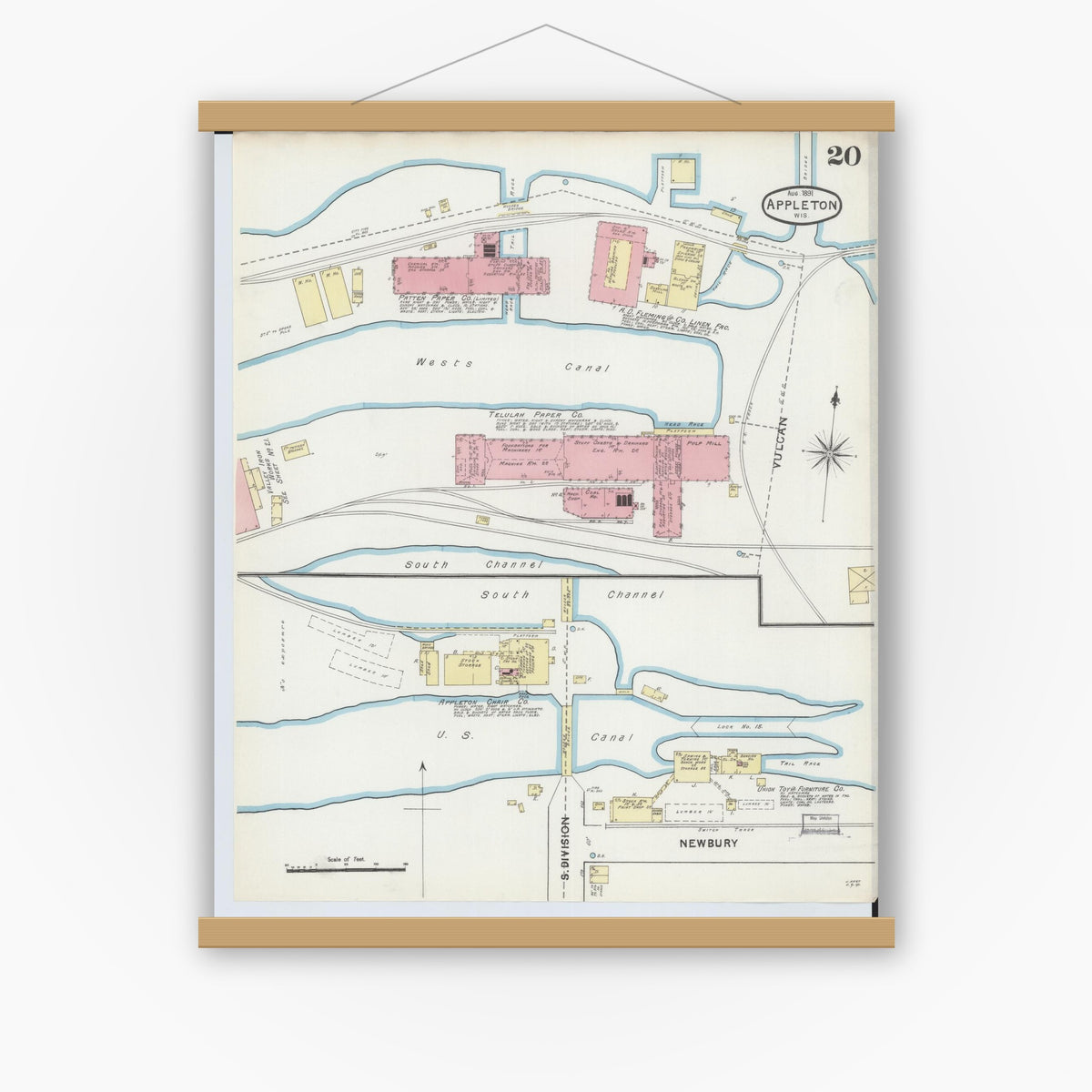 Old map wall art mockup — magnetic wood frame on white wall — Sanborn Fire Insurance Map from Appleton, Outagamie County, Wisconsin (1891), Sheet #0020