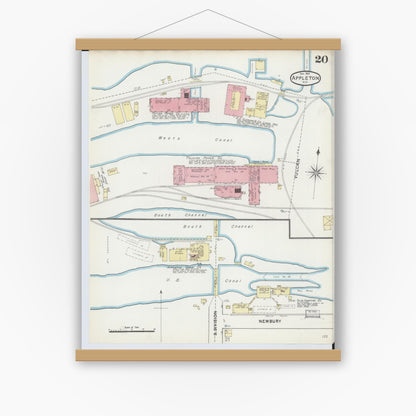Old map wall art mockup — magnetic wood frame on white wall — Sanborn Fire Insurance Map from Appleton, Outagamie County, Wisconsin (1891), Sheet #0020