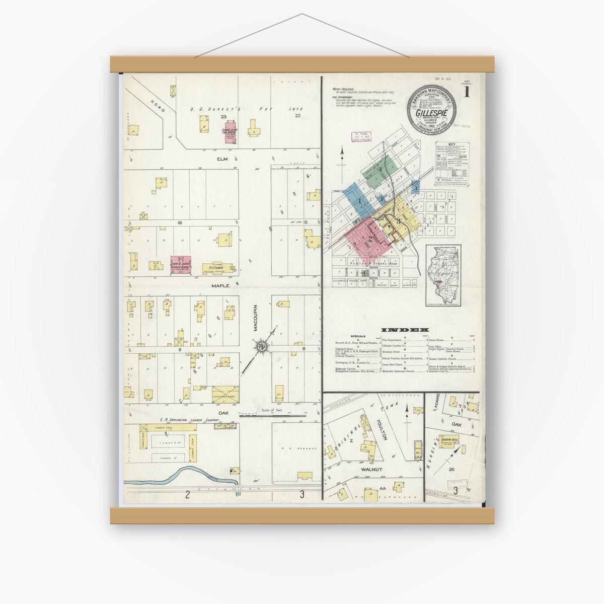 Old map wall art mockup — magnetic wood frame on white wall — Sanborn Fire Insurance Map from Gillespie, Macoupin County, Illinois (1913) - Complete Map Set