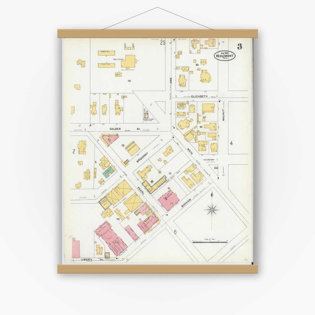 Old map wall art mockup — magnetic wood frame on white wall — Sanborn Fire Insurance Map from Beaumont, Jefferson County, Texas (1904), Sheet #0003