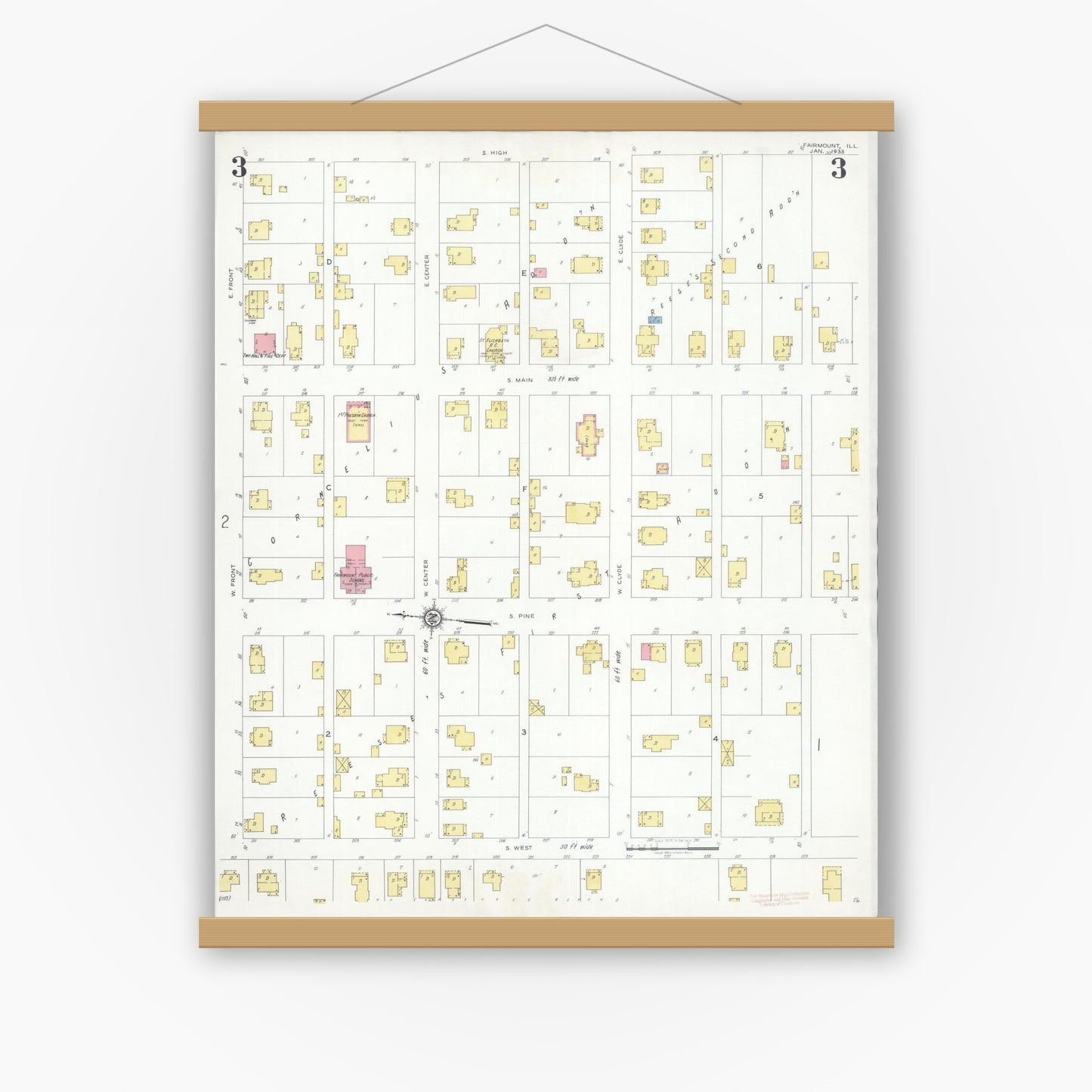 Old map wall art mockup — magnetic wood frame on white wall — Sanborn Fire Insurance Map from Fairmount, Vermilion County, Illinois (1933), Sheet #0003