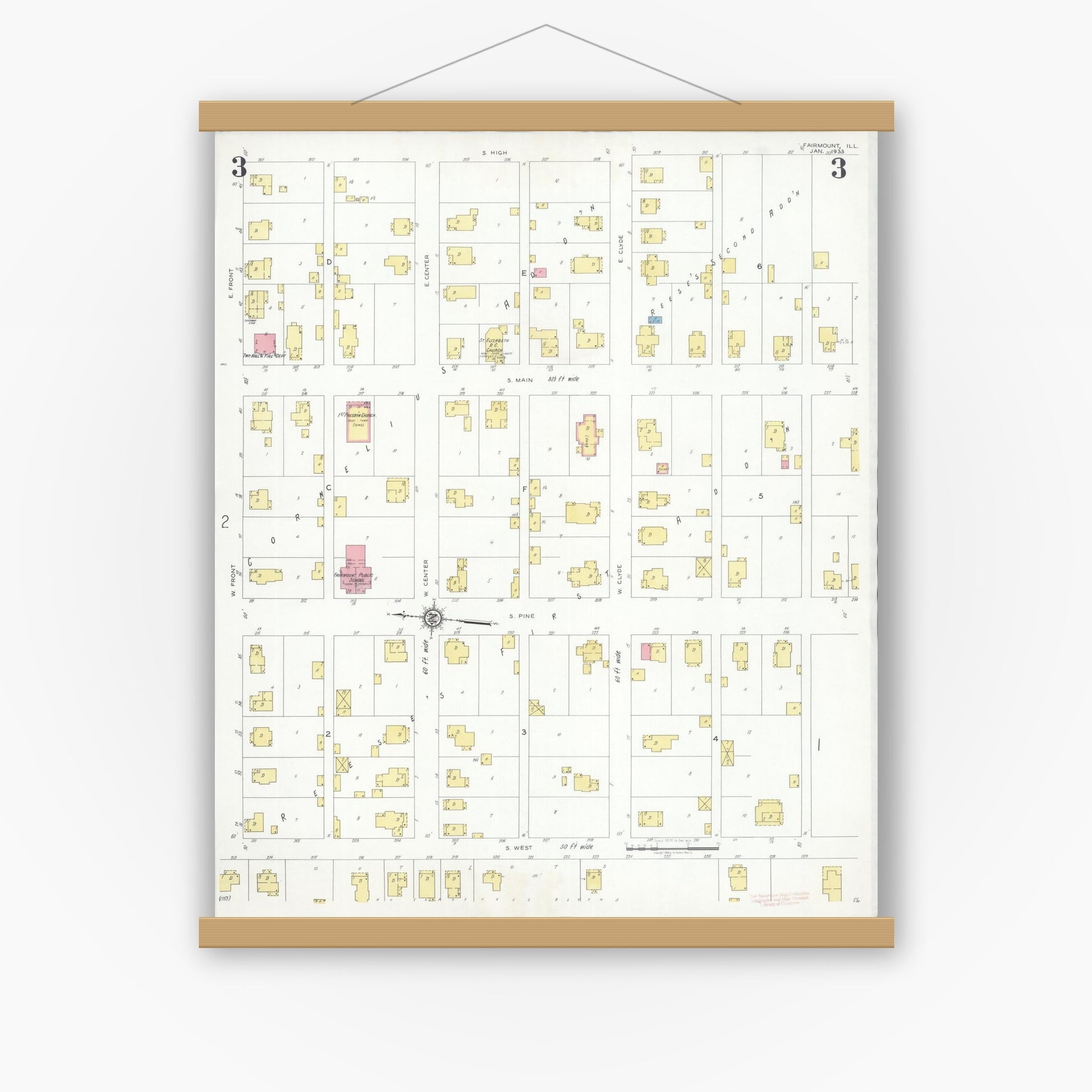 Old map wall art mockup — magnetic wood frame on white wall — Sanborn Fire Insurance Map from Fairmount, Vermilion County, Illinois (1933), Sheet #0003