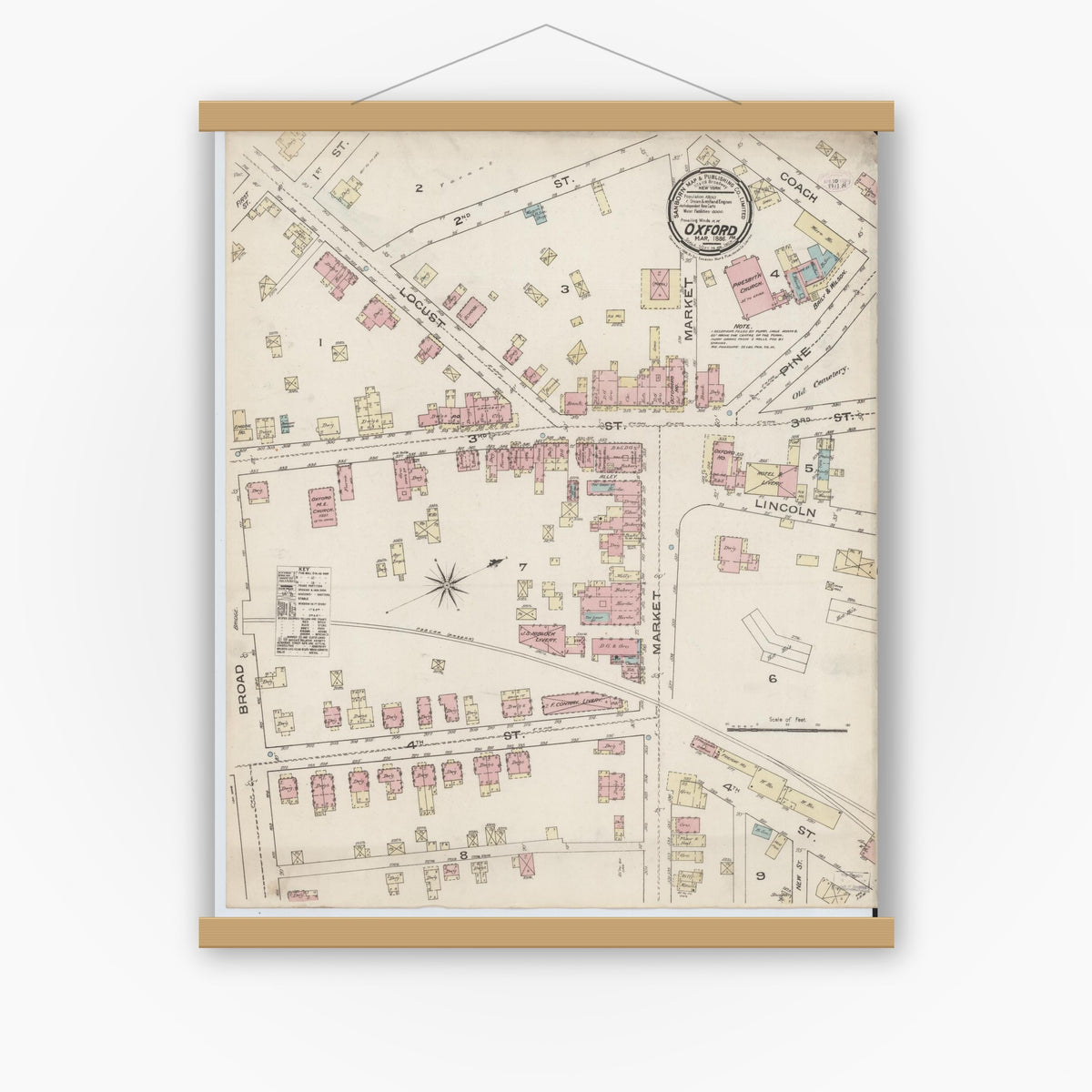 Old map wall art mockup — magnetic wood frame on white wall — Sanborn Fire Insurance Map from Oxford, Chester County, Pennsylvania (1886), Sheet #0001