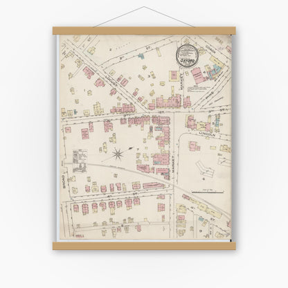 Old map wall art mockup — magnetic wood frame on white wall — Sanborn Fire Insurance Map from Oxford, Chester County, Pennsylvania (1886), Sheet #0001