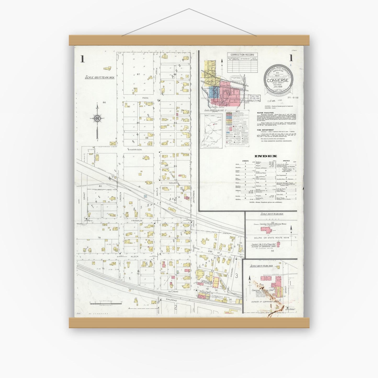 Old map wall art mockup — magnetic wood frame on white wall — Sanborn Fire Insurance Map from Converse, Miami County, Indiana (1938) - Complete Map Set