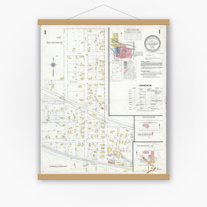Old map wall art mockup — magnetic wood frame on white wall — Sanborn Fire Insurance Map from Converse, Miami County, Indiana (1938) - Complete Map Set