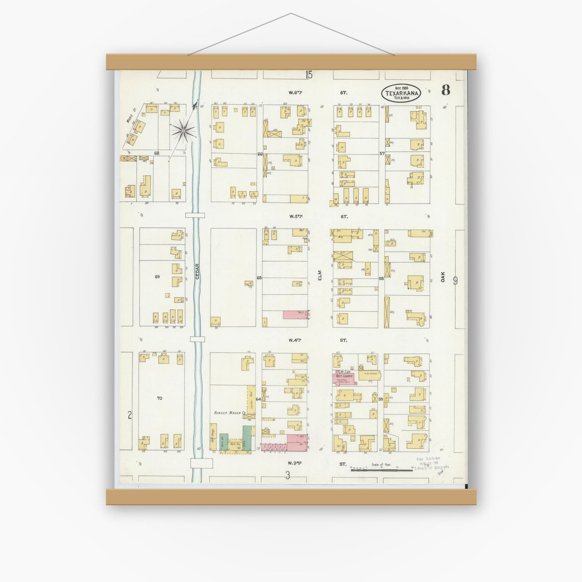 Old map wall art mockup — magnetic wood frame on white wall — Sanborn Fire Insurance Map from Texarkana, Bowie County, Texas (1905), Sheet #0008