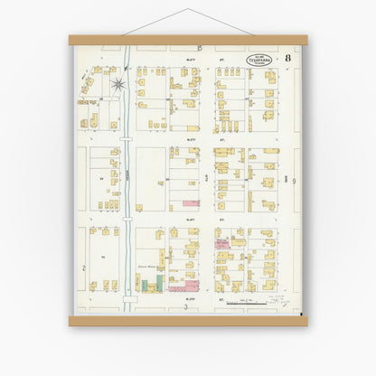 Old map wall art mockup — magnetic wood frame on white wall — Sanborn Fire Insurance Map from Texarkana, Bowie County, Texas (1905), Sheet #0008