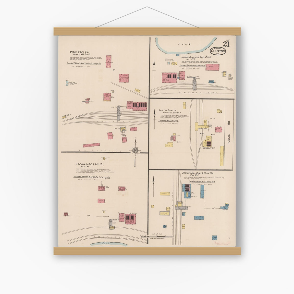 Old map wall art mockup — magnetic wood frame on white wall — Sanborn Fire Insurance Map from Clinton, Vermillion County, Indiana (1921), Sheet #0021