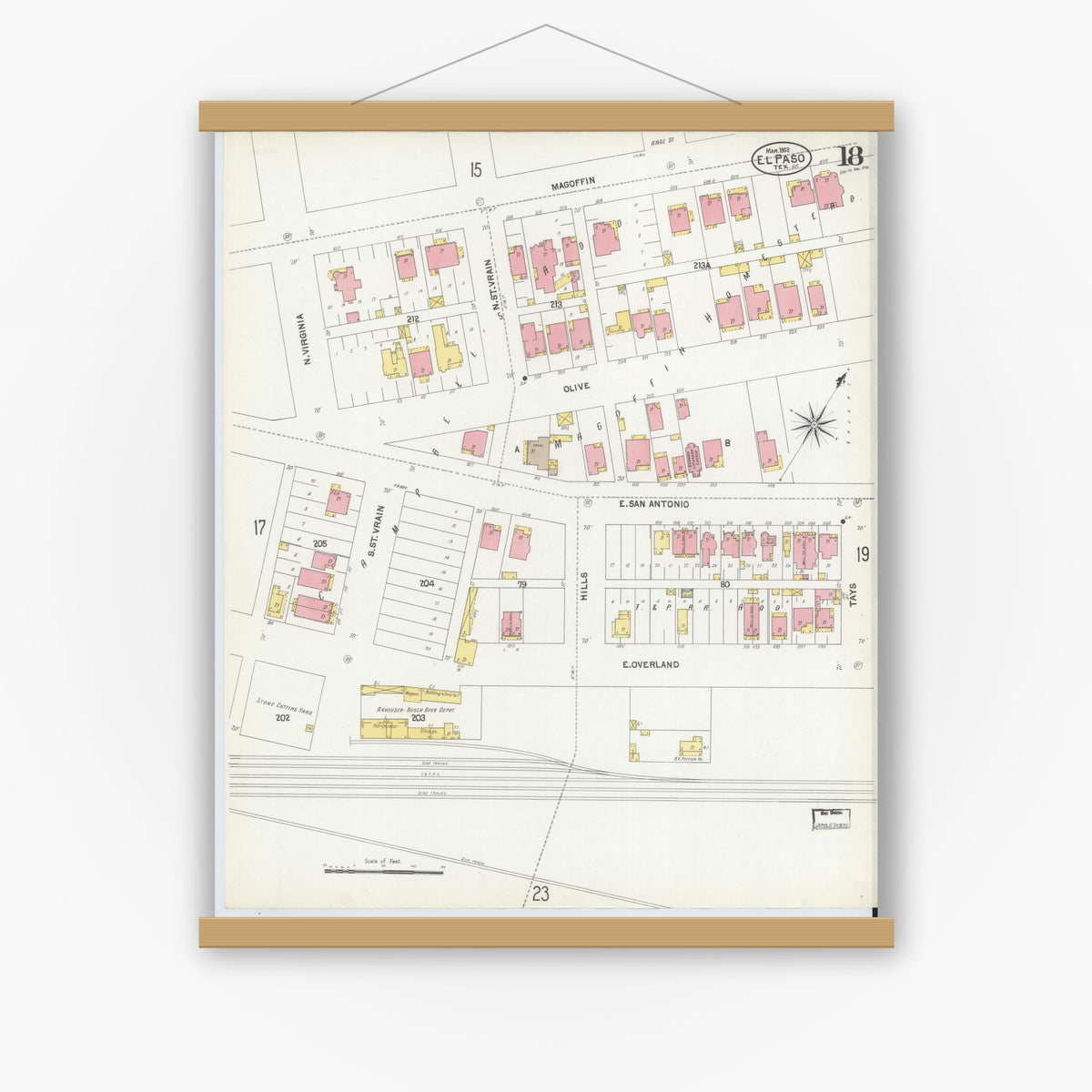 Old map wall art mockup — magnetic wood frame on white wall — Sanborn Fire Insurance Map from El Paso, El Paso County, Texas (1902), Sheet #0018
