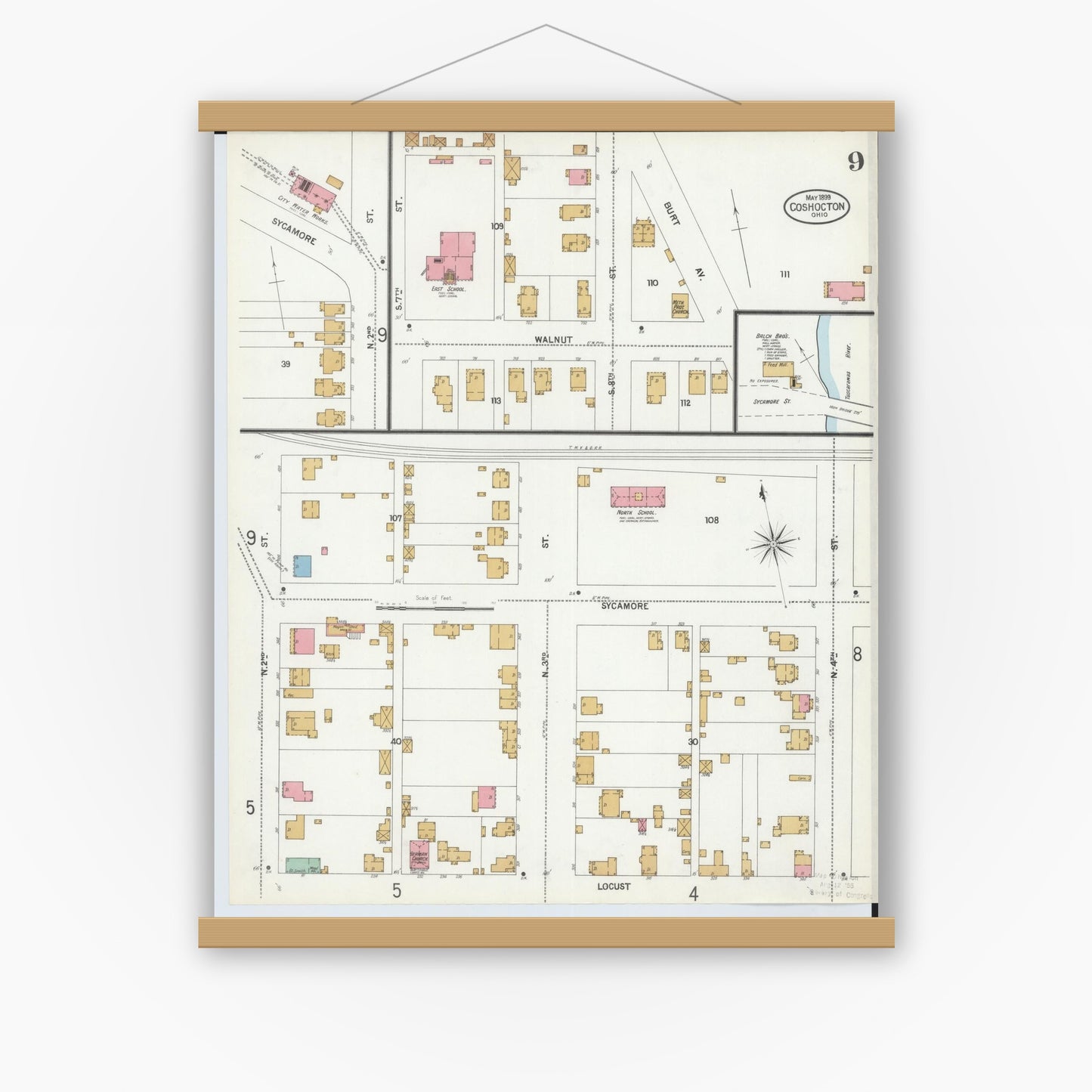Old map wall art mockup — magnetic wood frame on white wall — Sanborn Fire Insurance Map from Coshocton, Coshocton County, Ohio (1899), Sheet #0009