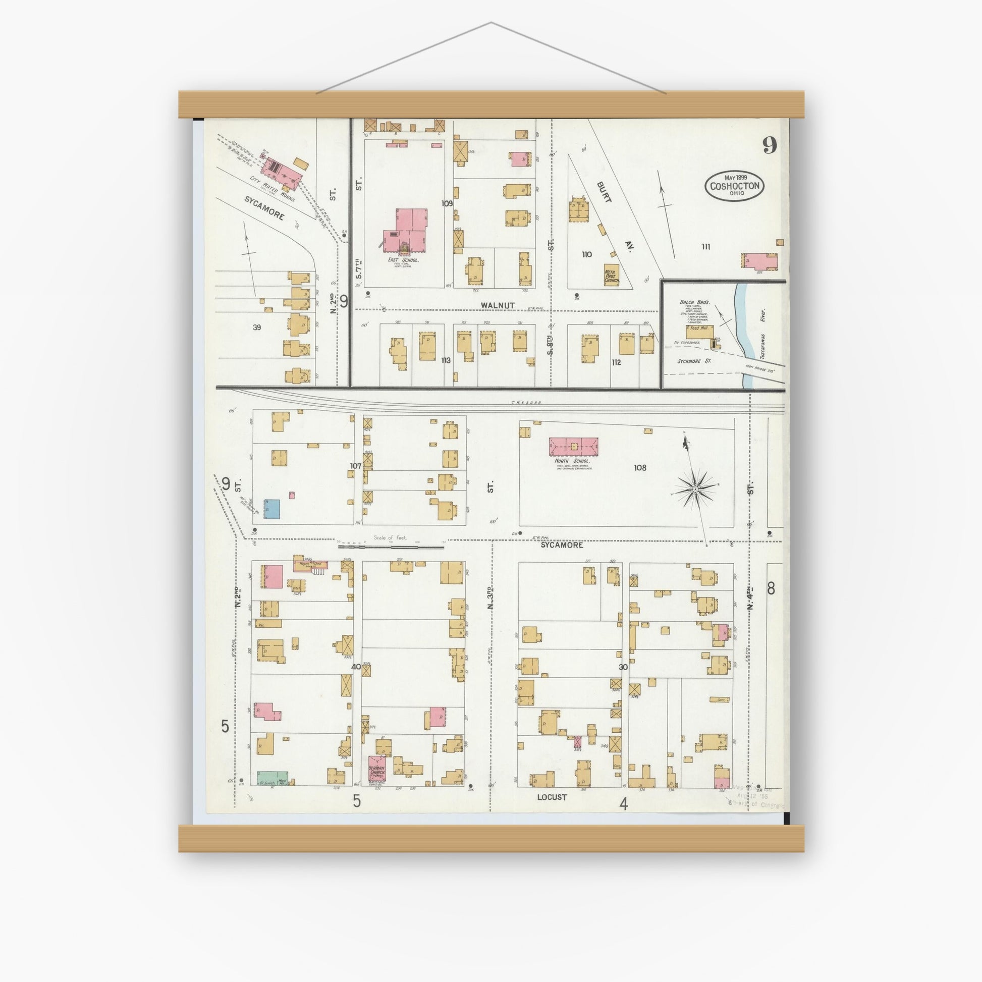Old map wall art mockup — magnetic wood frame on white wall — Sanborn Fire Insurance Map from Coshocton, Coshocton County, Ohio (1899), Sheet #0009