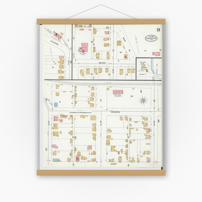 Old map wall art mockup — magnetic wood frame on white wall — Sanborn Fire Insurance Map from Coshocton, Coshocton County, Ohio (1899), Sheet #0009