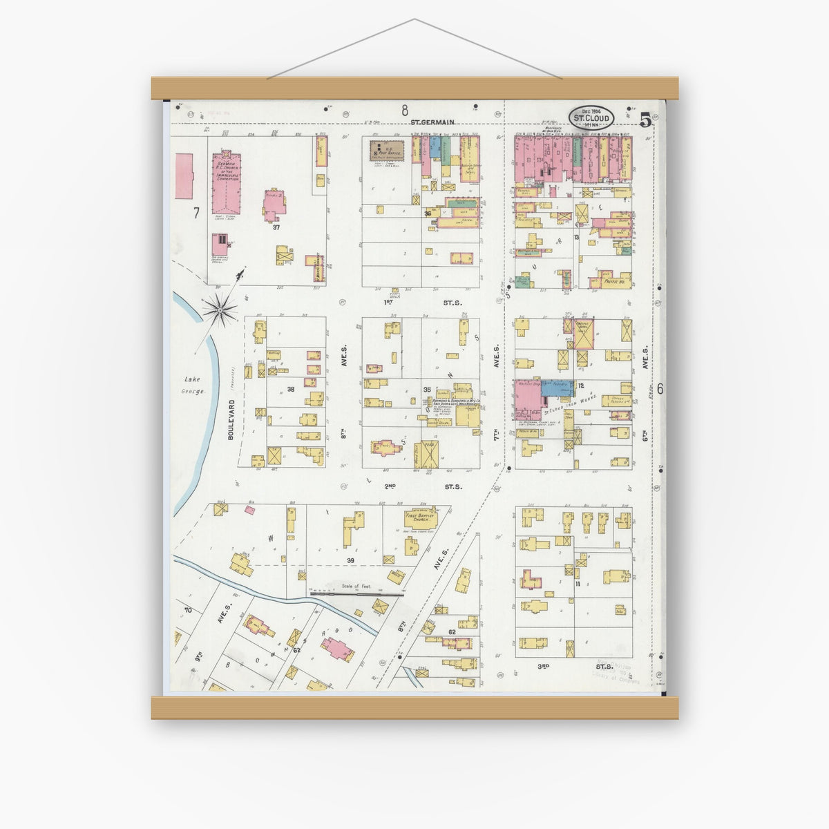 Old map wall art mockup — magnetic wood frame on white wall — Sanborn Fire Insurance Map from Saint Cloud, Stearns, Benton, and Sherburne Counties, Minnesota (1904), Sheet #0005