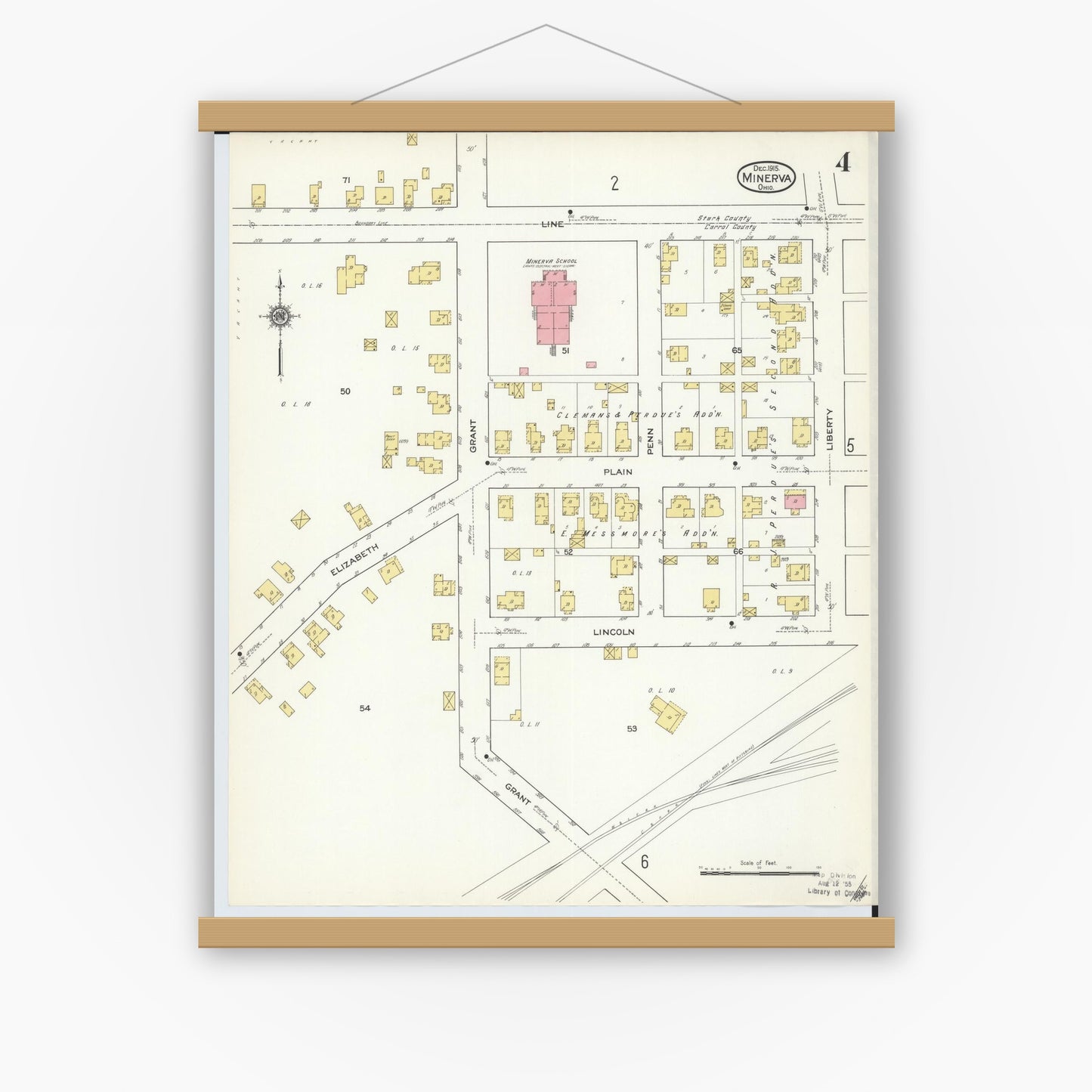 Old map wall art mockup — magnetic wood frame on white wall — Sanborn Fire Insurance Map from Minerva, Stark And Carroll Counties, Ohio (1915), Sheet #0004