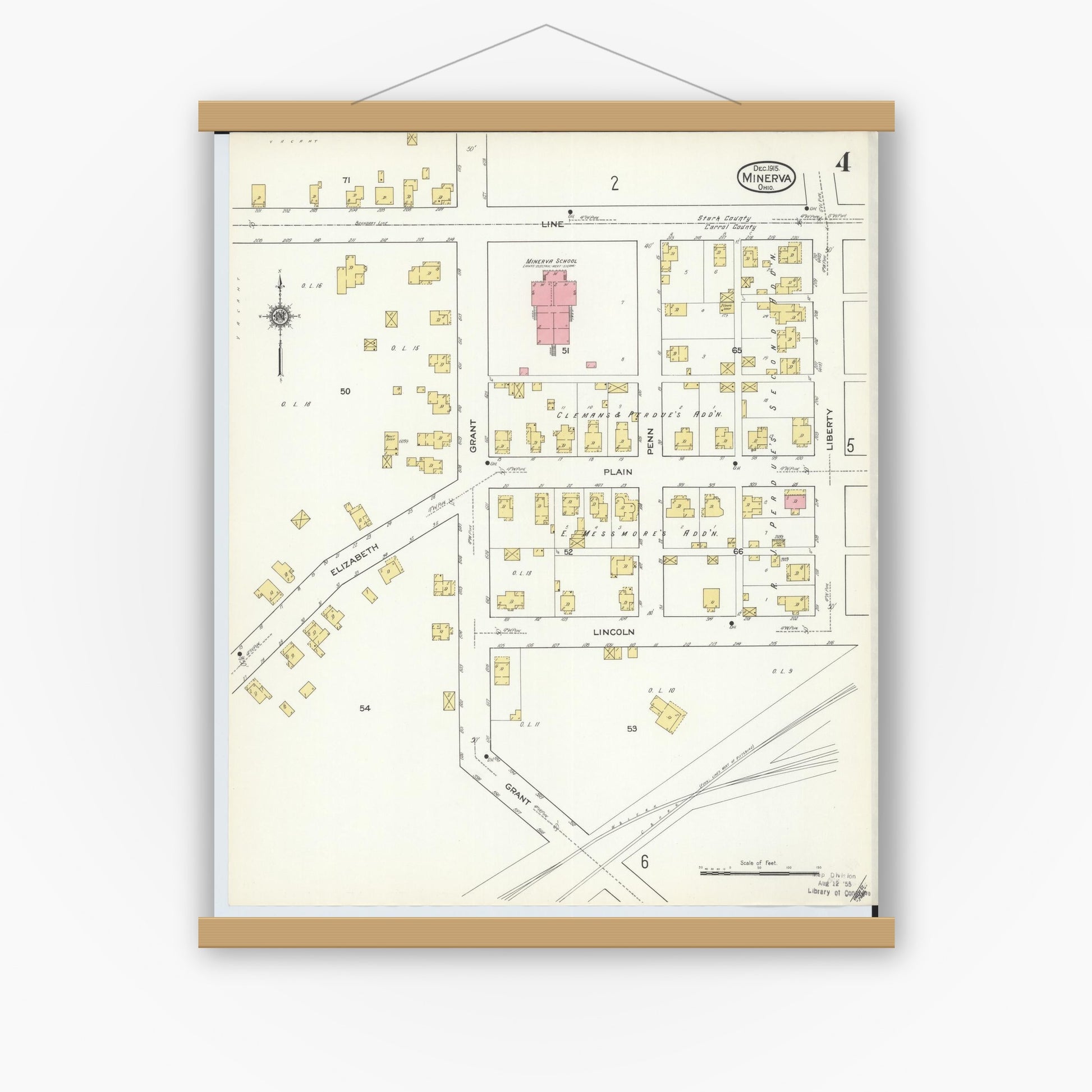 Old map wall art mockup — magnetic wood frame on white wall — Sanborn Fire Insurance Map from Minerva, Stark And Carroll Counties, Ohio (1915), Sheet #0004