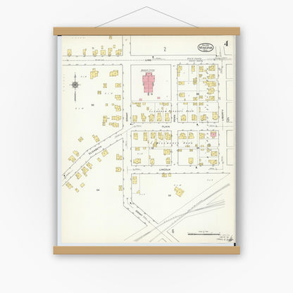 Old map wall art mockup — magnetic wood frame on white wall — Sanborn Fire Insurance Map from Minerva, Stark And Carroll Counties, Ohio (1915), Sheet #0004