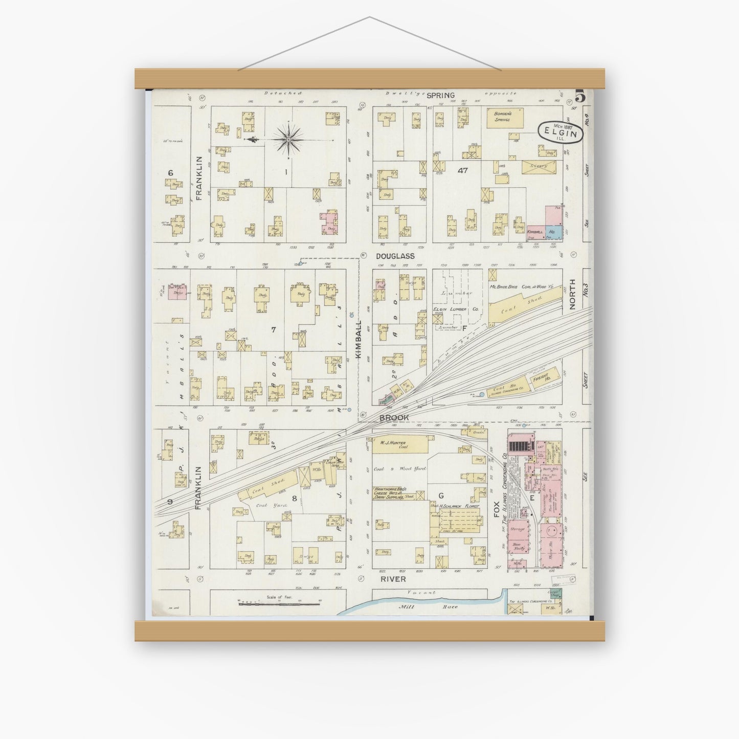 Old map wall art mockup — magnetic wood frame on white wall — Sanborn Fire Insurance Map from Elgin, Kane County, Illinois (1887), Sheet #0005