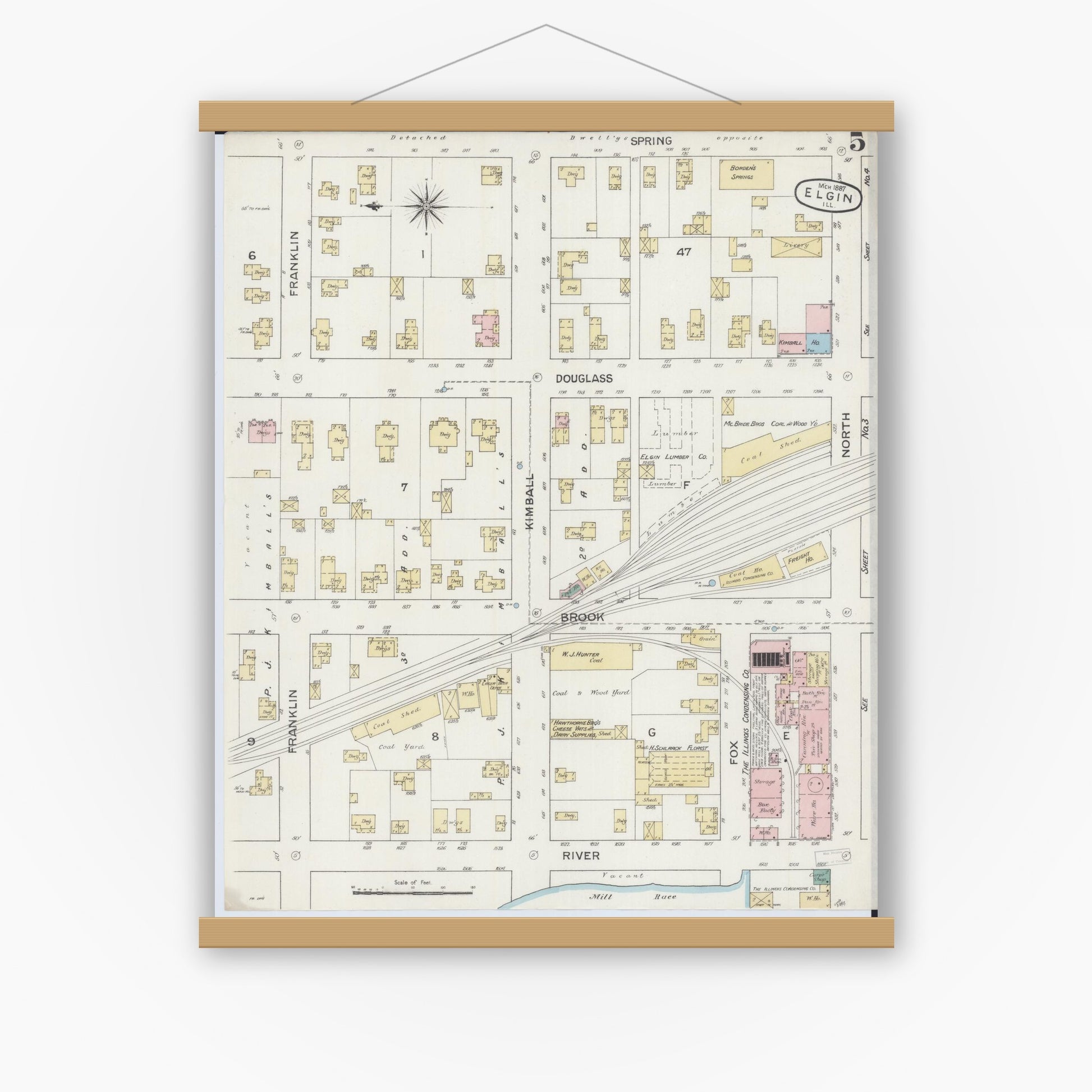 Old map wall art mockup — magnetic wood frame on white wall — Sanborn Fire Insurance Map from Elgin, Kane County, Illinois (1887), Sheet #0005