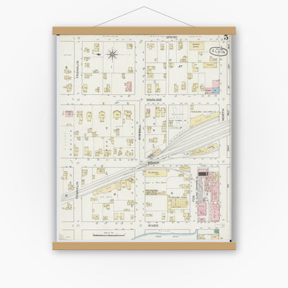 Old map wall art mockup — magnetic wood frame on white wall — Sanborn Fire Insurance Map from Elgin, Kane County, Illinois (1887), Sheet #0005