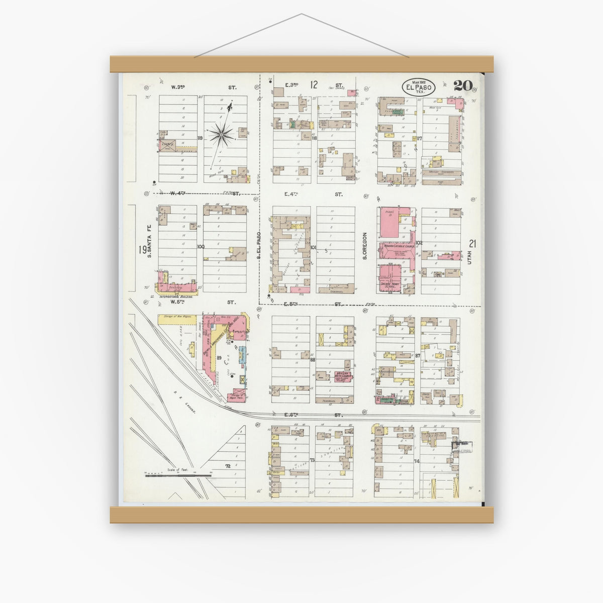 Old map wall art mockup — magnetic wood frame on white wall — Sanborn Fire Insurance Map from El Paso, El Paso County, Texas (1902), Sheet #0020