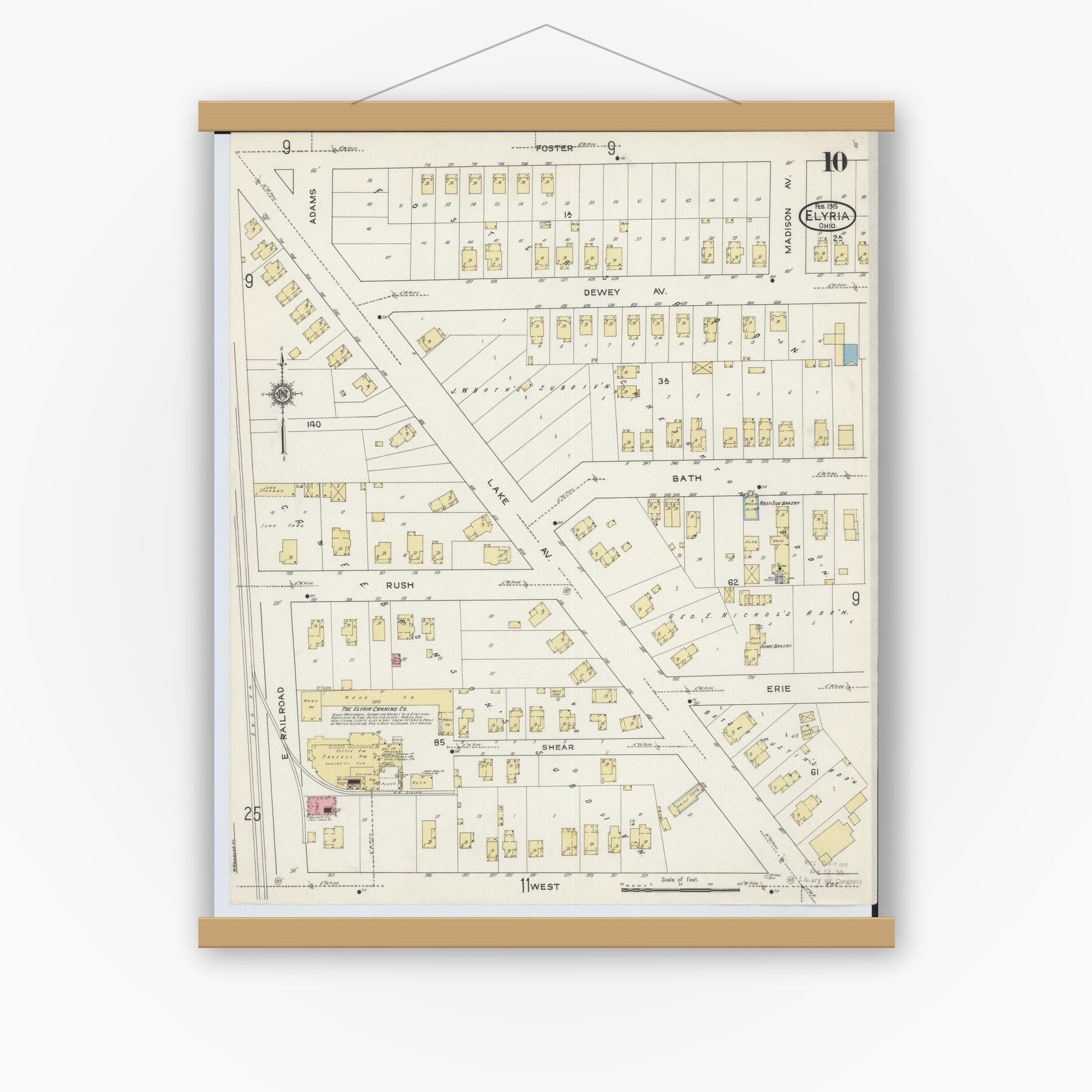 Old map wall art mockup — magnetic wood frame on white wall — Sanborn Fire Insurance Map from Elyria, Lorain County, Ohio (1915), Sheet #0010