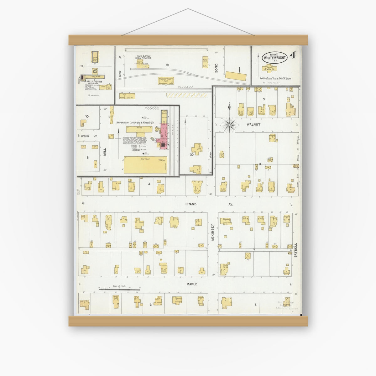 Old map wall art mockup — magnetic wood frame on white wall — Sanborn Fire Insurance Map from Whitewright, Grayson County, Texas (1900), Sheet #0004