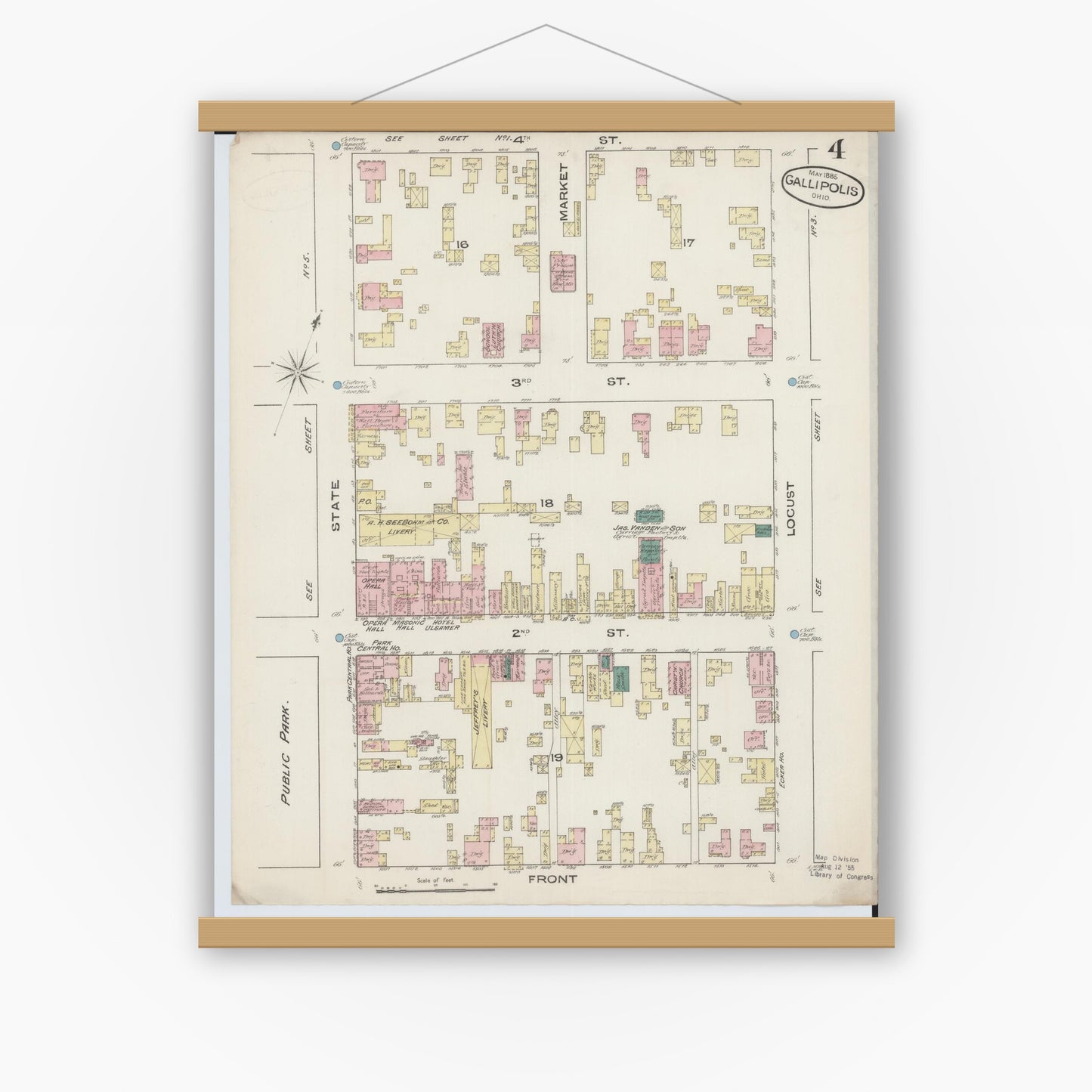 Old map wall art mockup — magnetic wood frame on white wall — Sanborn Fire Insurance Map from Gallipolis, Gallia County, Ohio (1885), Sheet #0004