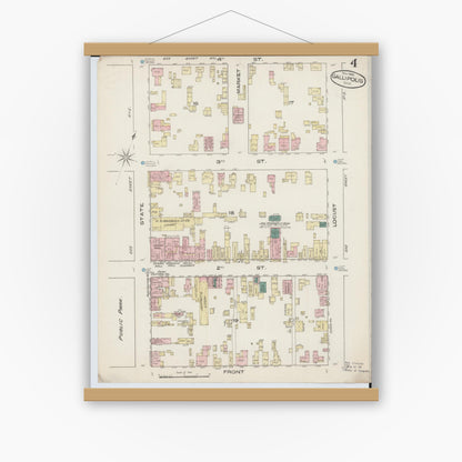 Old map wall art mockup — magnetic wood frame on white wall — Sanborn Fire Insurance Map from Gallipolis, Gallia County, Ohio (1885), Sheet #0004