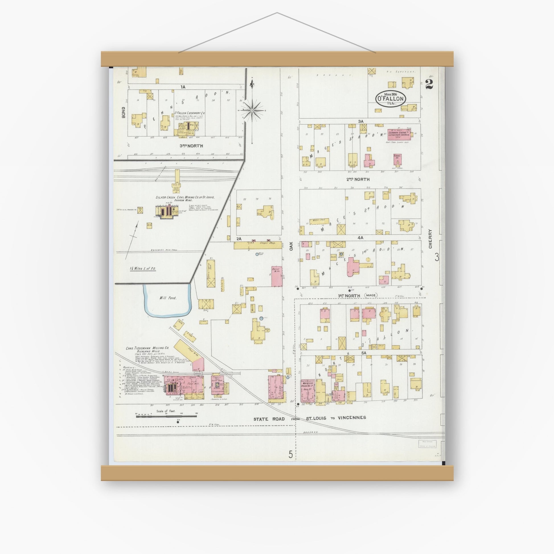 Old map wall art mockup — magnetic wood frame on white wall — Sanborn Fire Insurance Map from O'Fallon, Saint Clair County, Illinois (1906), Sheet #0002