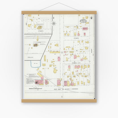 Old map wall art mockup — magnetic wood frame on white wall — Sanborn Fire Insurance Map from O'Fallon, Saint Clair County, Illinois (1906), Sheet #0002