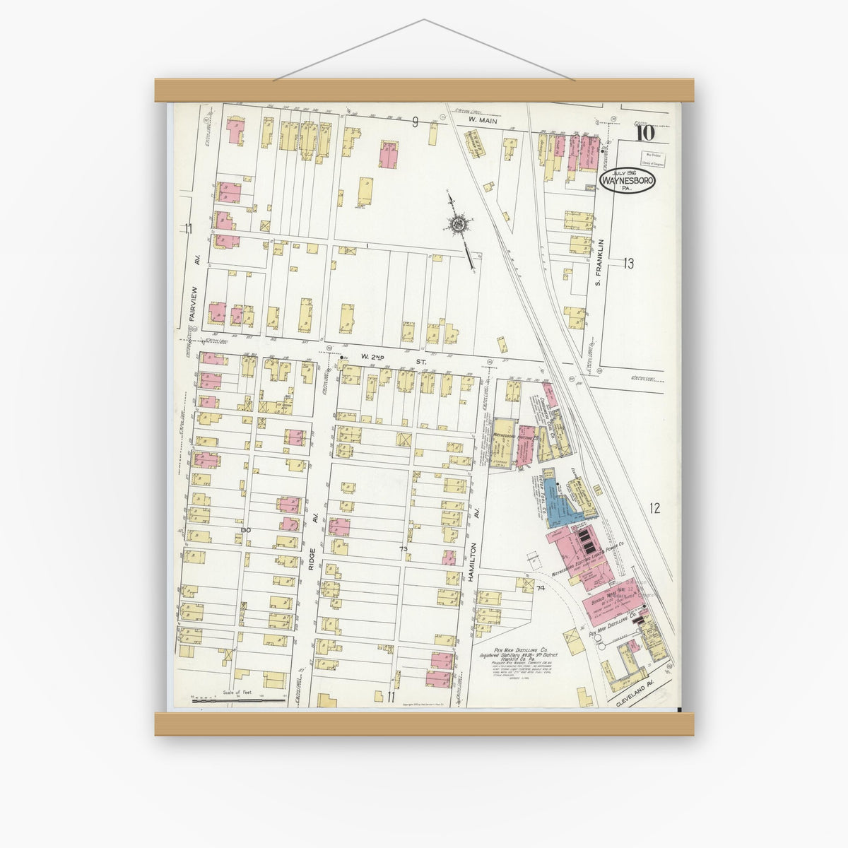 Old map wall art mockup — magnetic wood frame on white wall — Sanborn Fire Insurance Map from Waynesboro, Franklin County, Pennsylvania (1916), Sheet #0010