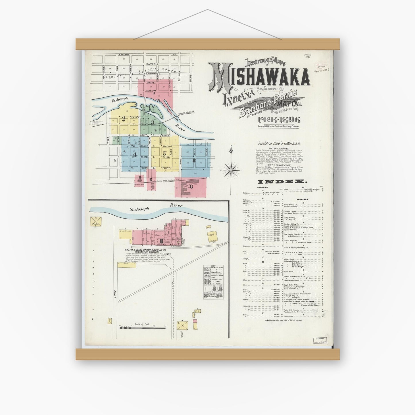 Old map wall art mockup — magnetic wood frame on white wall — Sanborn Fire Insurance Map from Mishawaka, Saint Joseph County, Indiana (1896) - Complete Map Set
