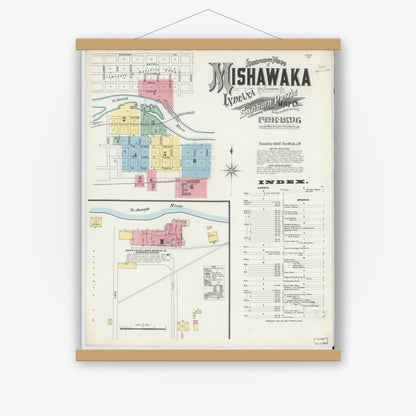Old map wall art mockup — magnetic wood frame on white wall — Sanborn Fire Insurance Map from Mishawaka, Saint Joseph County, Indiana (1896) - Complete Map Set