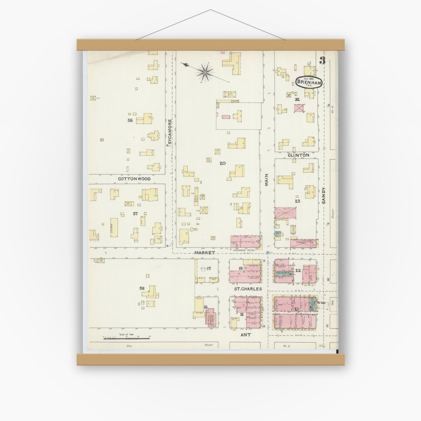 Old map wall art mockup — magnetic wood frame on white wall — Sanborn Fire Insurance Map from Brenham, Washington County, Texas (1891), Sheet #0003