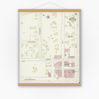 Old map wall art mockup — magnetic wood frame on white wall — Sanborn Fire Insurance Map from Brenham, Washington County, Texas (1891), Sheet #0003